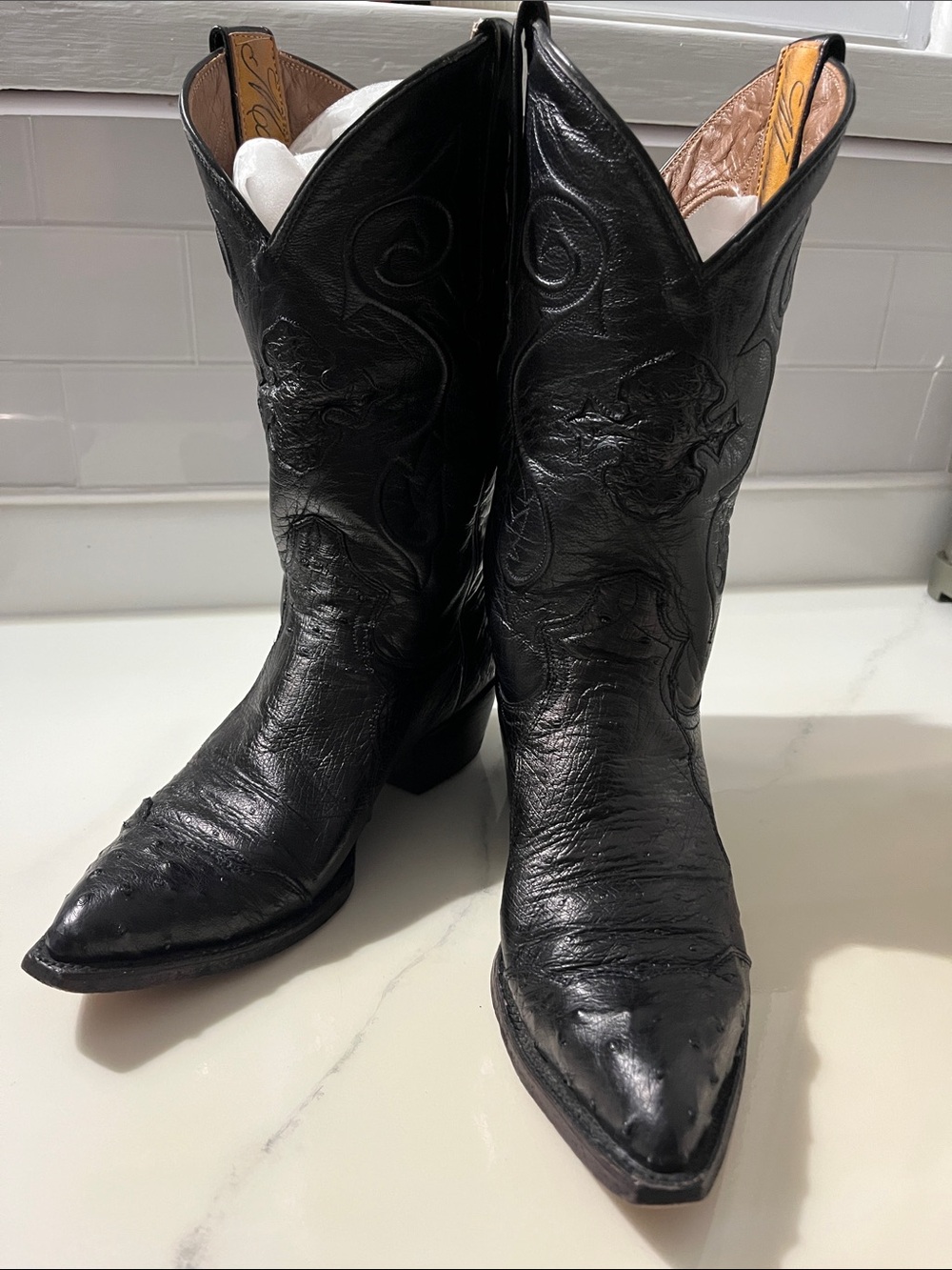 Montana Black Ostrich Western Pull-Up Cowboy Boots